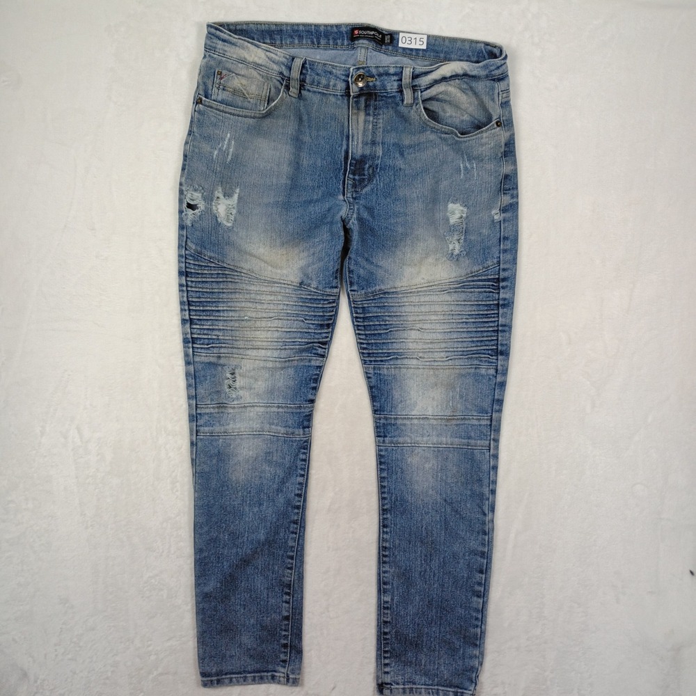 Southpole Moto Skinny Jeans Mens 34x32 Blue Distressed Ribbed Streetwear Y2K 90s